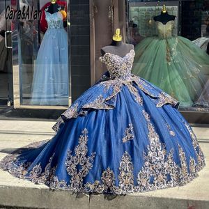 Блестящие платья Quinceanera, темно-синее бальное платье, вечернее платье на день рождения, с открытыми плечами и кружевными аппликациями, милое платье для выпускного вечера 15 лет