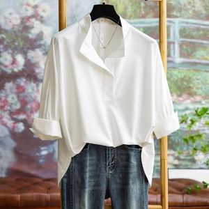 Women's T Shirts 2023 Autumn White Standing Collar Shirt Fashion Commuter Simple V-neck Loose High Quality Top Casual