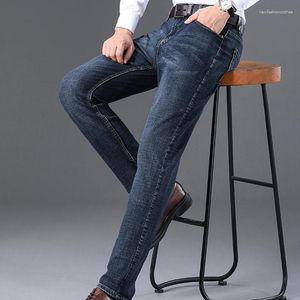 Jeans masculinos denim elástico negócio azul homens reto regular ajuste toda a temporada marca calças de alta qualidade para trabalho