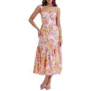 Vestidos casuais no verão feminino midi vestido sem mangas estampa floral fluxo tank A-line