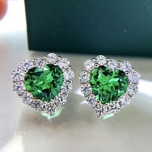 Bonito coração esmeralda diamante brinco 100% real sterling sier promessa brincos de casamento para mulheres jóias de festa de noiva