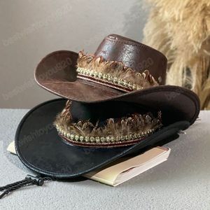 Autumn Winter Fashion Men Western Cowboy Hat Faux Leather Dad Gentleman Jazz Cap Vintage Panama Cowgirl Hat Sombrero Hombre