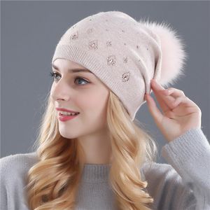 Berretti Beanie/Skull Caps Xthree Cappello invernale da donna per brillanti strass lana di cashmere lavorata a maglia The Female Fur Pom