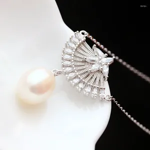 Kedjor Retro Thai Silver Wholesale Women's S925 Sterling Necklace Set med Natural Pearl Fan-Shaped Pendant Chain