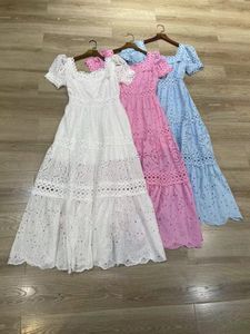 Summer Lace Dress Designer White/Pink/Blue Short Sleeves A Line Women Dress Sexy Hollow Out Dresses Womens 11267