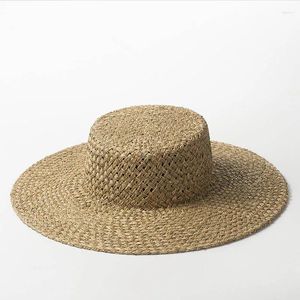 Berets Atacado Top Mão Tecido Algas Mulheres Chapéus de Sol Natural Homens Boater Chapéu Verão Praia Palha Chapeu Sombrero Flat Cap