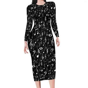 Casual Dresses Fun Music Notes Dress Lady Black And White Street Style Bodycon Summer Long Sleeve Pretty Custom Big Size Vestidos