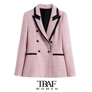 Ternos femininos blazers traf moda feminina com tubulação retalhos tweed blazer casaco vintage manga longa welt bolsos feminino outerwear chique veste 231121