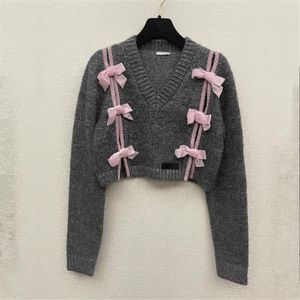 Women's Sweaters Crop Top Sweater With Pink Bow Decoration Long Sleeve Cardigans Knitwear Skirts 3 Pieces Kint Suits