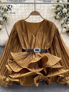 Women's Blouses SINGREINY High Quality Cake Pleated Party Blouse V Neck Long Sleeves Solid Chic Loose Top Summer Vacation Casual Vintage