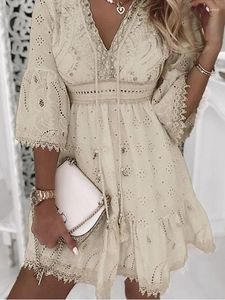 2024famous brandCasual Dresses White Lace Dress Women V Neck Up Female Patchwork Three Quarter Sleeve Vacation Beach Ladies A-line Party