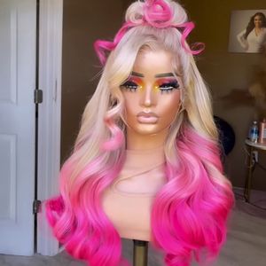 Brazylijskie Ombre Blond Pink Koronkowe Peruki przednie zapobiegane fali ciała 13x4 HD Przezroczysta syntetyczna koronkowa peruka cosplay