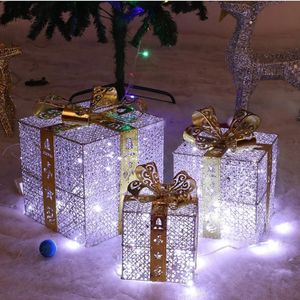 Christmas Decorations 3Pcs set Gift Box Ornaments Xmas Tree Decoration with LED Light Luminous Wrought Iron Hollow for Year Decor 231120