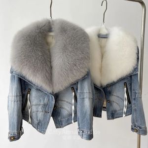 Womens Fur Faux European Winter Fox Big Collar Denim Down Jacket Short Casual White Goose Warm Women Parka 231121