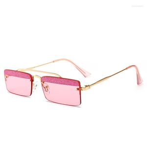 Solglasögon trender glitter ögonbryn kvinnor små fyrkantiga rimlösa mode män klara gröna rosa lila glasögon UV400 nx