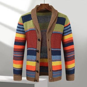 Herrtröjor män tröja stilig stickad färg matchande randig cardigan höst vinterrock med avslappnade knappar lapel lös passform