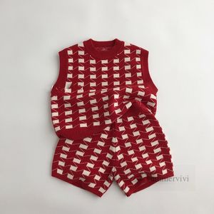 Weihnachten Kinder Plaid Gestrickte Kleidung Sets Jungen Mädchen Pullover Weste Elastische Taille Shorts 2 stücke Weihnachten Kinder Casual Outfits Z5504