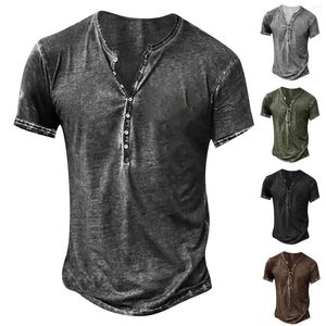 남성용 T 셔츠 2023 여름 남성용 캐주얼 모방 면화 단락 V- 넥 버튼 단색 슬림 핏 티셔츠 플러스 크기 펑크 스타일