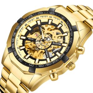 Armbandsur Golden Watch Men Skeleton Automatic Mechanical Gold Man Mens Watches Top Relogio Masculino