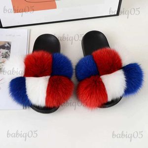 Slippers Slippers Ball Fox Fur Women Summer Slides Fashion Fur Home Slippers Real Fur Flip Flops Women Fluffy Pom Ladies Sandals T231121