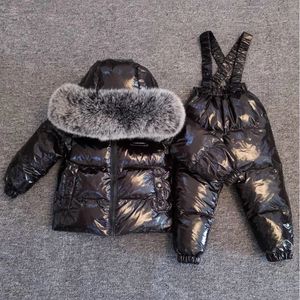 Down Coat Winter Thicker Children Down Jacket Overall Suit Big Real Fur Collar Kids Ski Suit Boys Girls Warm Jacket Silver ws1876 231120