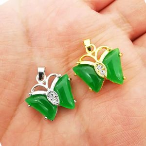 Pendant Necklaces Charm 20X15MM Inlaid Green Jades Stone Rhinestone Hollow Cutting Butterfly Chain 1PCS