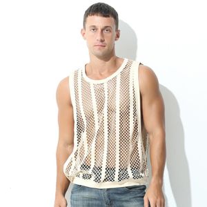 Męskie topy czołgowe męskie topy czołgowe bez rękawów o nokrecie patrz przez kamizelki Side podzielone seksowne mężczyźni ubrania TEE TEE Streetwear Sports Fitness Singlets 230421