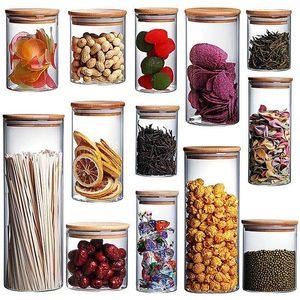 Glass Jars with Natural Bamboo Lids for Home Kitchen Flour, Cookie, Candy Spices - Small Food Storage Airtight Canister Sets Pantry Org Tqbi