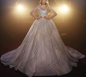 Sparkly Ball Gown Wedding Dresses Long Sleeves V Neck Sequins Applique Ruffles Bridal Gowns Diamond Beaded Luxury Formal Dress Plus Size Custom Made Vestido de novia