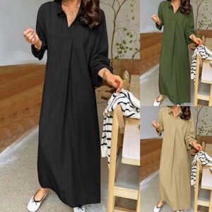 Casual Kleider Hübsches Temperament Lange Plus Größe Kleid Solide Revers Hülse Einfache Maxi Für Frauen 2023 Frau Kleidung