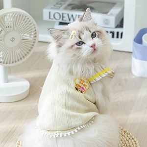 Cat Costumes 2023SS Canottiera pieghettata manica volante Cucciolo Due piedi Traspirante Ricamo floreale Polsini in pizzo lavorato a maglia Vestiti per animali domestici