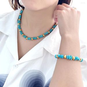 Necklace Earrings Set 2023 Women's Stainless Steel Jewelry Natural Turquoise Beads Beach Party Vacation Accessories