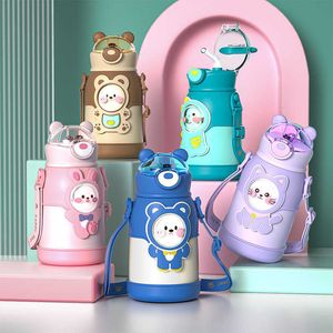 Mugs 500ml Stainless Steel Thermal Water Bottle for Children Cute Cartoon Thermos Mug with Straw LeakProof Insulated Cup Drinkware Z0420