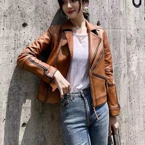 Couro feminino 2023 outono jaqueta genuína curto natural casaco de pele carneiro fino ajuste escritório senhoras trabalho vintage zip moto biker jac