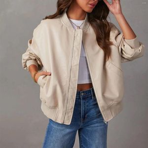 Mulheres de couro falso camisa jaqueta com bolsos moto biker casaco cor sólida manga longa jaquetas motocicleta streetwear