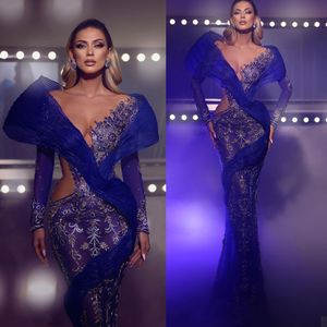 Royal Blue Mermaid Prom Dresses Deep V Neck Rhinestones Party Dresses Beading Illusion Custom Made Evening Dress