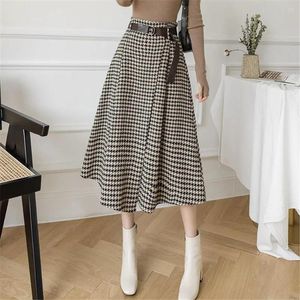 Skirts Office Ladies Vintage Autumn Winter Warm Midi Long Skirt Women Korean Irregular Plaid Mid-Length High Waist Female Belt