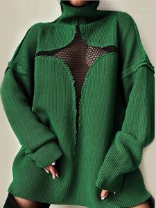 Kvinnors tröjor Sexig mesh tröja för kvinnor 2023 Hösten ihålig ut knitväskor långärmad Turtleneck stickade tröjor överdimensionerad jumper