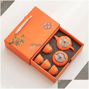 Teaware Sets Holiday Gift Tea Set Persimmon Ruyi Teapot Cup Orange Box With Hand Drop Delivery Home Garden Kitchen Dining Bar Dhh7V