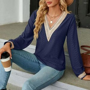 Kvinnors blusar Kvinnor pendlar topp Stylish V Neck Patchwork Pullover Soft Casual Mid Length T-shirt Blus för Spring Fall Fashion Lace