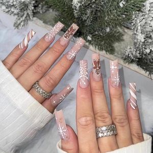 False Nails Matte Ballet Christmas Snowflake Stripe Printing Fake Nail Patch Full Cover Wearable Long Coffin Press On Tips