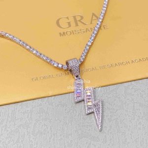 S925 Sterling Silver Hip Hop Tennis Chain Iced Out Baguette Jewelry Lightning Pendant