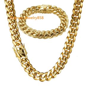 10mm 12mm Men Women Hiphop Cuban Link Chain Necklace Bracelet 316L Stainless Steel High Polished Casting Jewelry Sets Choker Chains Double Safety Clasps