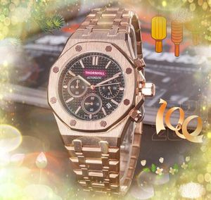 All Dials Work Brand Mens Watches Three Eyes Full Functional Clock All Stainless Steel Band Quartz Calendar Hip Hop Iced Out Original Clasp Analog Casual Wristwatch