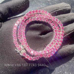 Nice Jewelry Good Price 3mm Hip Hop Real 18k Gold Pink Moissanite Tennis Chain Vvs Diamond Tennis Chain Pink Moissanite