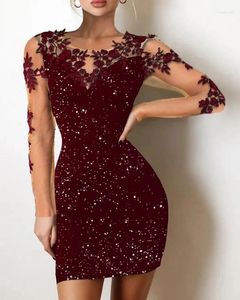 Lässige Kleider Damenkleid Glitzer Sheer Mesh Kontrast Pailletten bestickt Sexy Party Mini für Frauen 2023 Slim Fit Bodycon