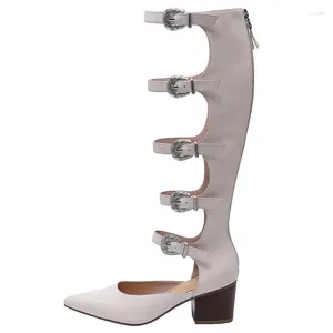 Klänningskor Sexig ihålig Roman Cool Boots Summer Metal Buckle Pointed Toe Sandaler Kvinnors äkta läder Beige svart stor storlek 40