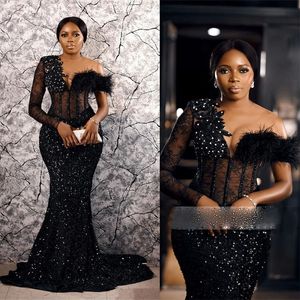 One Shoulder Simple Aso Ebi Evening Gowns Black Mermaid Lace Feather Beaded Crystals Sequined Prom Dresses African Arabic Nigeria Styles Event Birthday Party ST267