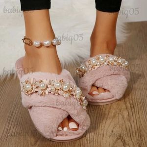 Slippers New Women Floral Decor House Slippers Faux Fur Winter Fashion Warm Shoes Woman Slip on Flats Female Slides Home Furry Slippers T231121