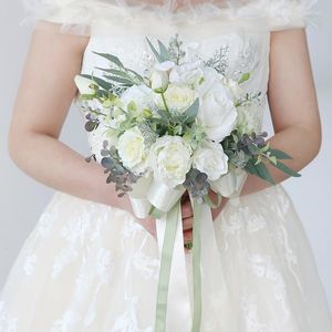 Wedding Flowers Bouquet Ivory Satin Rose Artificial Women Marriage Bridal Bridesmaid Holder